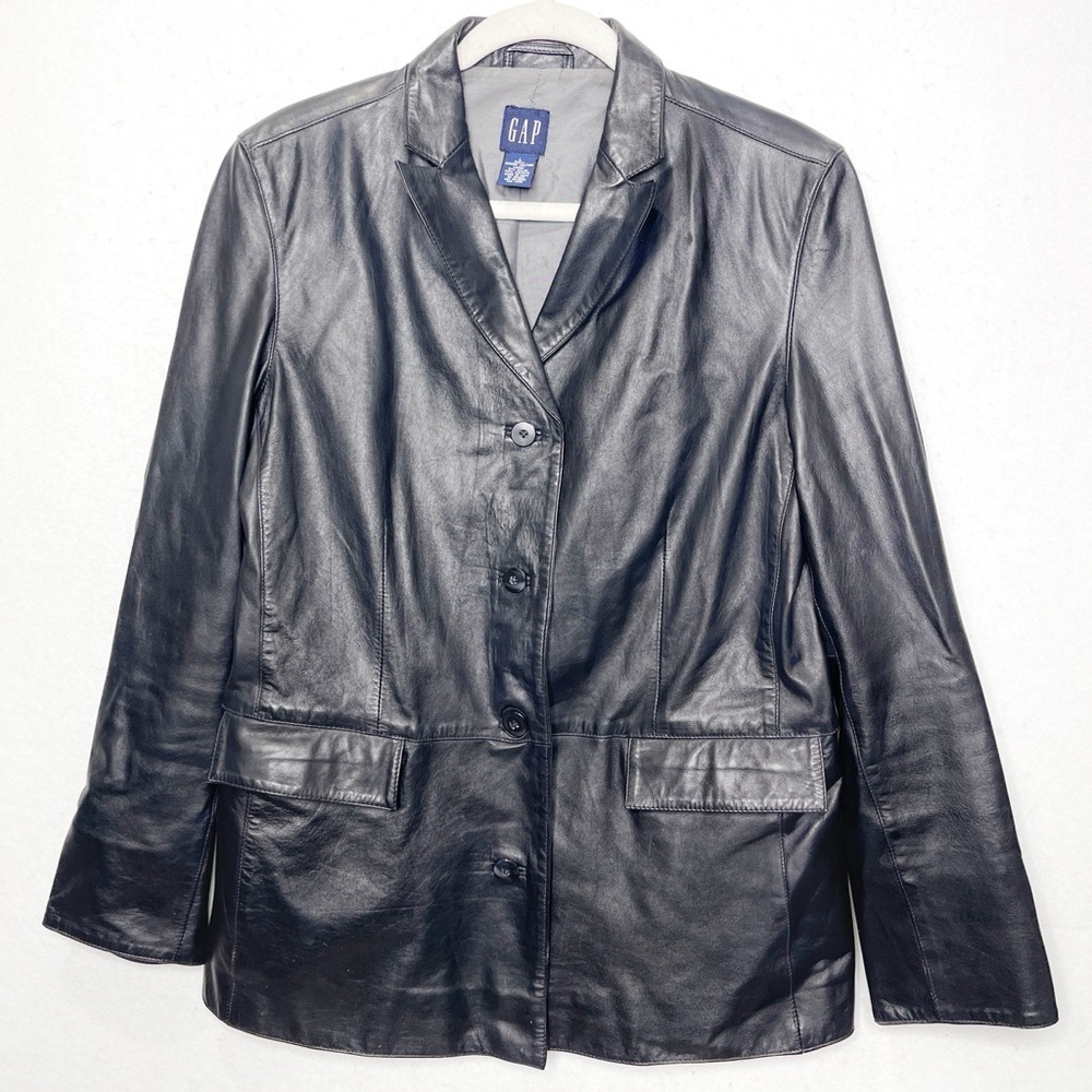 Vintage GAP 100% Leather Blazer Jacket Women’s Black Button Front Y2K 90s Large